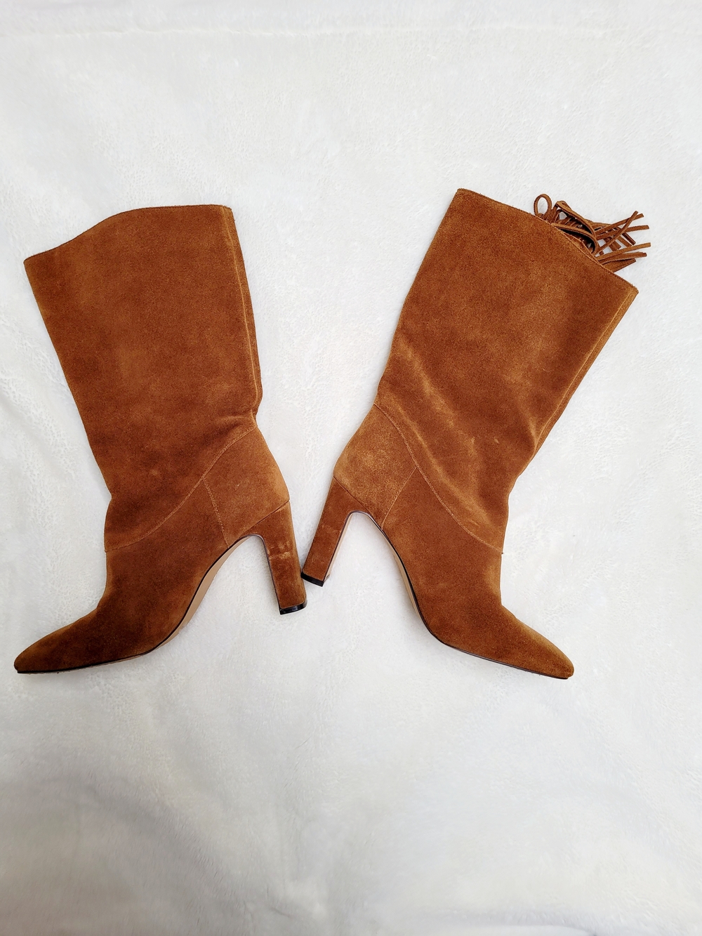 NWOT Vince Camuto Sterla Tan Suede Fringe Mid-Calf Heeled Boots - Picture 4 of 5